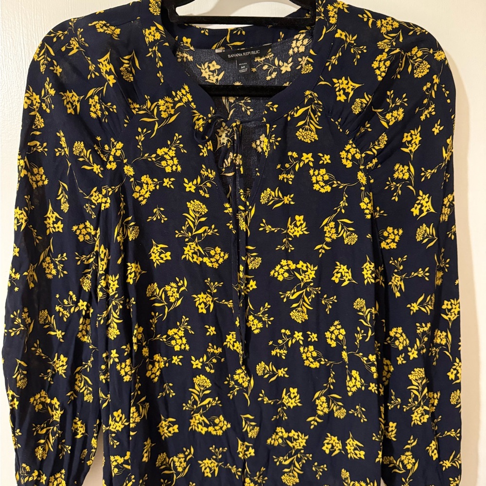 Banana Republic Navy and Yellow Floral Blouse
